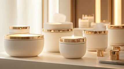 Aufkleber - Softly illuminated white and gold cosmetic containers displayed on a creamy beige backdrop, conveying a sense of luxury and elegance.