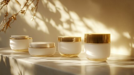 Aufkleber - Softly illuminated white and gold cosmetic containers displayed on a creamy beige backdrop, conveying a sense of luxury and elegance.