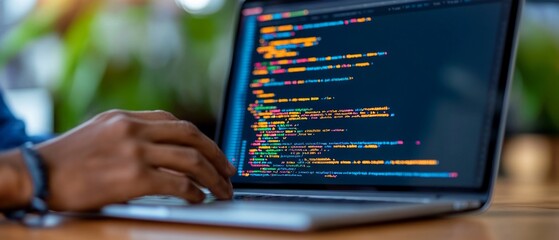 Poster - A dedicated professional actively writes code on a laptop, showcasing expertise in systems integration and software development in a modern workspace