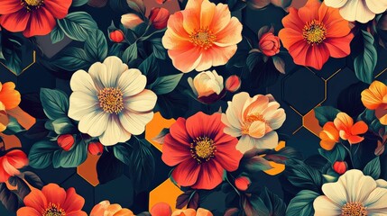 Poster - Retro florals inside a rhythmic hexagonal pattern. The vibrant colors of the flowers contrast sharply with the bold geometric layout, creating a vintage vibe.