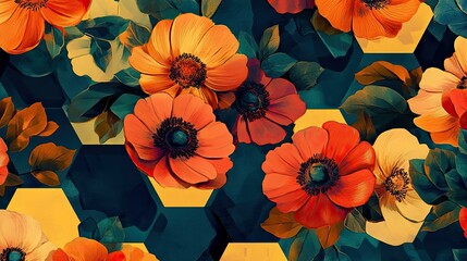 Poster - Retro florals inside a rhythmic hexagonal pattern. The vibrant colors of the flowers contrast sharply with the bold geometric layout, creating a vintage vibe.