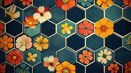 Aufkleber - Retro florals inside geometric hexagonal patterns. The colors pop with a bold, vintage appeal, forming a dazzling and lively design that captivates.