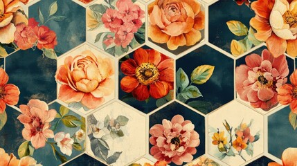 Aufkleber - Retro florals inside geometric hexagonal patterns. The colors pop with a bold, vintage appeal, forming a dazzling and lively design that captivates.
