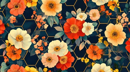 Aufkleber - Retro florals inside geometric hexagonal patterns. The colors pop with a bold, vintage appeal, forming a dazzling and lively design that captivates.