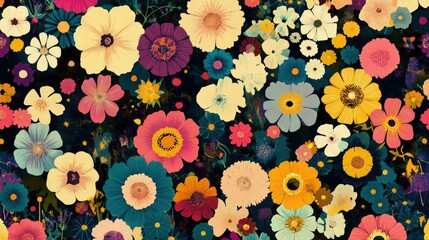 Poster - Retro flowers nestled inside geometric hexagons create a visually rhythmic pattern filled with energy and bold color. A vintage-inspired design.