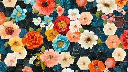Poster - Retro flowers nestled inside geometric hexagons create a visually rhythmic pattern filled with energy and bold color. A vintage-inspired design.