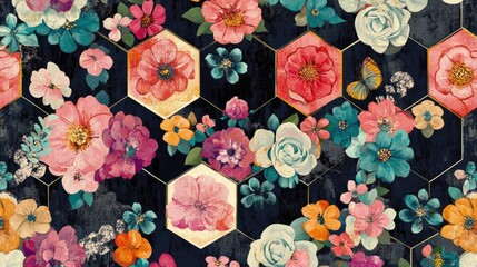 Poster - Retro-inspired floral hexagon pattern featuring vibrant blooms nestled within hexagonal shapes, creating a mesmerizing and rhythmic visual. Bold colors evoke a lively, vintage charm.