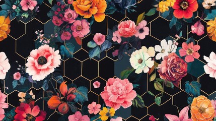 Poster - Retro-inspired floral hexagon pattern featuring vibrant blooms nestled within hexagonal shapes, creating a mesmerizing and rhythmic visual. Bold colors evoke a lively, vintage charm.