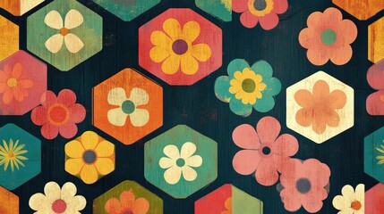 Poster - Retro-inspired hexagons filled with colorful flowers create a rhythmic visual pattern, combining geometry and nature in a vibrant vintage aesthetic.