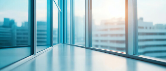 Modern office interior featuring large windows allowing natural light to illuminate the space, with a view of the city skyline in the background.