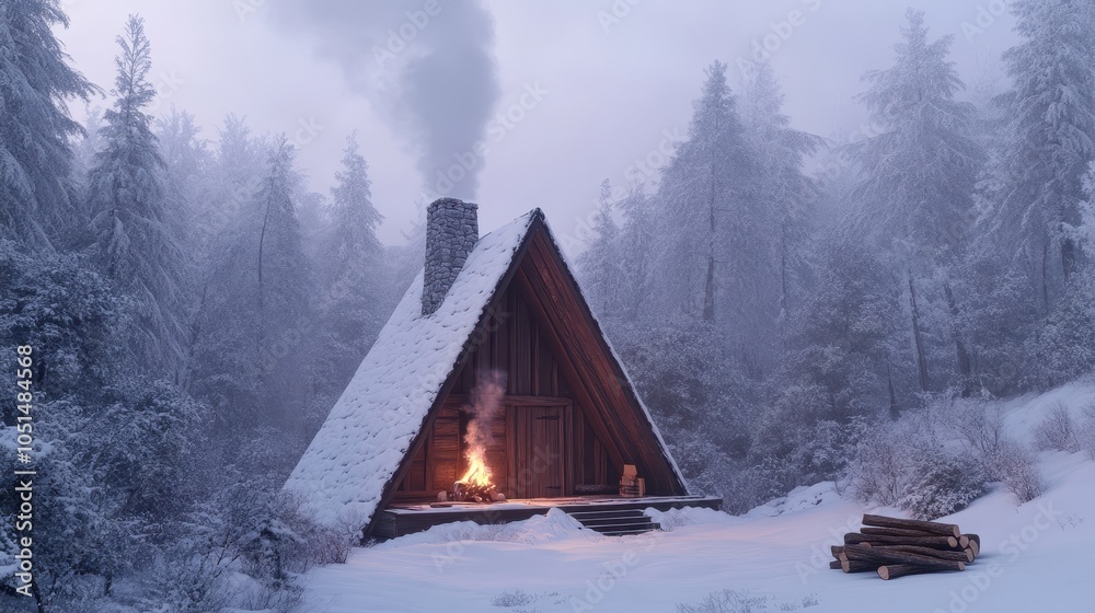 Foto de Stock A cozy A-frame cabin nestled in a snowy forest, with ...
