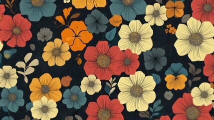 Poster - Vivid retro flowers captured in hexagonal shapes, creating a pattern that flows rhythmically with vibrant color. A charming retro revival.