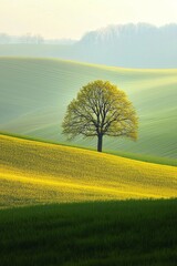 A lone tree stands tall in the center of rolling green and yellow fields, bathed in the soft morning light. 