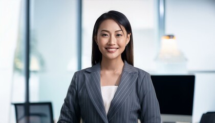 Confident businesswoman in a suit, smiling and looking directly at the camera