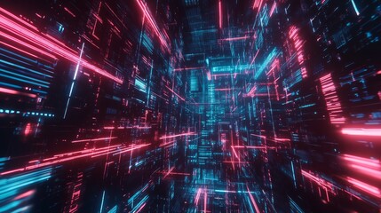 Poster - Cyberspace Tunnel: A mesmerizing digital tunnel with vibrant pink and blue neon lights, symbolizing the limitless possibilities and speed of the digital world. 