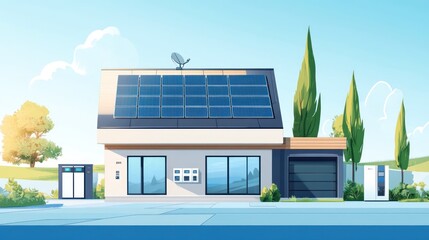 A home energy storage solution featuring wall-mounted batteries connected to rooftop solar panels, providing backup power during grid outages