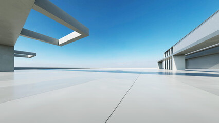 Leinwandbilder - 3d render of abstract modern concrete white architecture with empty cement floor, minimal exterior, car presentation background