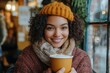 © Kishan - Young woman enjoying a hot beverage at a cozy coffee shop, Generative AI