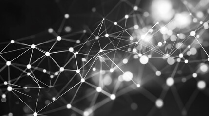 Poster - Abstract representation of interconnected nodes and light particles in a digital network at dusk