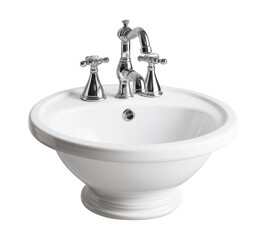 White round ceramic washbasin with chrome faucet isolated on white background