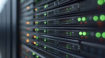 Poster - rows of servers display active indicator lights in a data center, showcasing the technology used in 