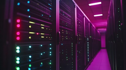 Poster - A data center features rows of illuminated servers in vibrant colors, highlighting the advanced technology powering smart city initiatives at night