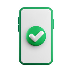 Vector cartoon 3d smartphone with white screen and green yes check mark button. Cute minimal realistic mobile phone 3d render confirm sign, approved or done task concept, operation completed symbol.