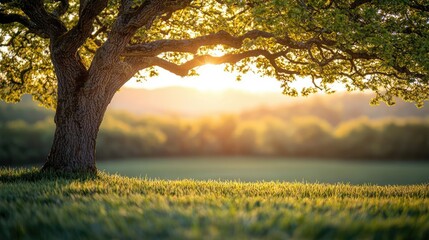 Poster - Sunlight shining through the leaves of a tree in a serene landscape