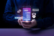© Antony Weerut - AI chatbot, artificial intelligence. A person uses a smartphone with a holographic AI chatbot interface. assistant chatbot. LLM AI deep learning. modern technology and digital communication.