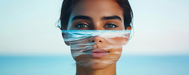 Poster - Woman with ocean waves overlaying her face against a bright background.