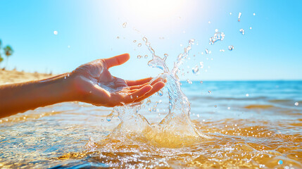 hand splashes water under bright sunlight at beach, creating joyful and refreshing scene. sparkling droplets catch light beautifully, evoking sense of excitement and tranquility