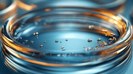 Poster - Bubbles gently rise through a tranquil blue water surface reflecting soft orange light, creating a calming atmosphere in the container