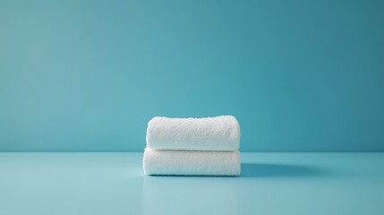 Soft and Luxurious Towels: Two pristine white towels, folded neatly, stand out against a calming blue backdrop. Perfect for showcasing your spa, hotel, or bathroom products.  