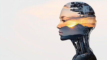 Aufkleber - Robot head silhouette with blended landscape, creative double exposure concept.