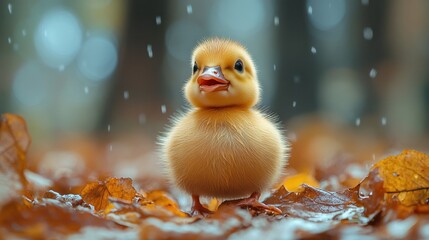 A cute yellow duckling stands on a bed of fallen leaves, looking up with its mouth open, as rain falls around it.