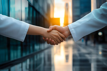 Business handshake symbolizing partnership in a corporate city