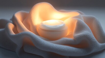 This 3D rendering showcases a white lip balm elegantly nestled in soft fabric lighting, creating a calming atmosphere ideal for cosmetic and skincare themes.