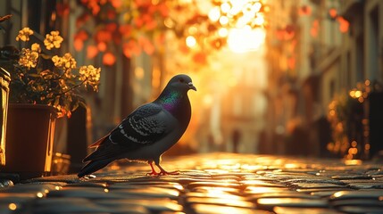 A single pigeon stands on a cobblestone street in the warm glow of the setting sun.