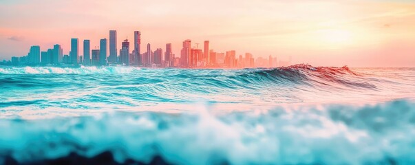 Poster - Urban skyline with ocean waves at sunset, vibrant colors, serene seascape view.