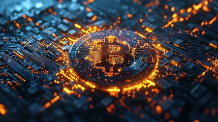 Poster - A virtual currency icon surrounded by high-tech data streams, representing the fintech revolution and digital money transformation.