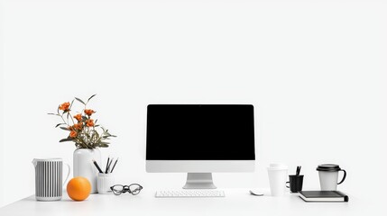 Poster - An inviting desk setup featuring a desktop computer, ergonomic chair, and decorative accents, showcased against a clean white background for a professional appearance.