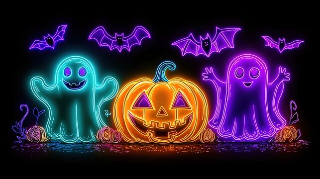 Electric Halloween neon design with glowing green ghosts, purple bats, and an orange pumpkin, perfect for a fun Halloween night.