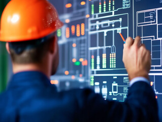 Engineer in hard hat analyzing digital grid management system, focused on data and technology, ensuring efficient energy distribution and monitoring