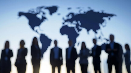 Business professionals silhouette against world map, symbolizing global collaboration and strategy. image conveys teamwork and international business dynamics