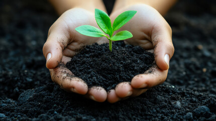 two hands holding and caring a young green plant