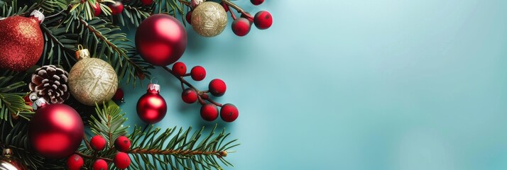 Festive decorations with red and gold Christmas balls on a soft blue background create a cheerful seasonal atmosphere. Place for the text