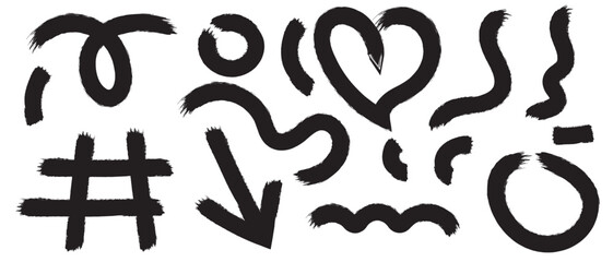 Wall Mural - thick brush drawn colorful squiggles, heart, arrow and grid. bold geometric shapes in grunge doodle 