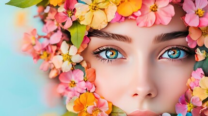 Poster - Portrait of a woman surrounded by colorful flowers, evoking nature and beauty.