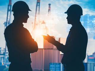 Silhouettes of two supply chain professionals discussing shipment data against backdrop of shipping containers and cranes, symbolizing collaboration and logistics