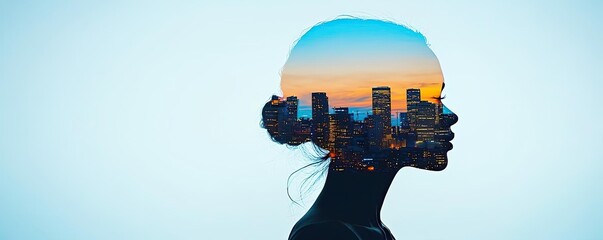 Aufkleber - Silhouette of a woman with cityscape and sunset blend in creative double exposure.